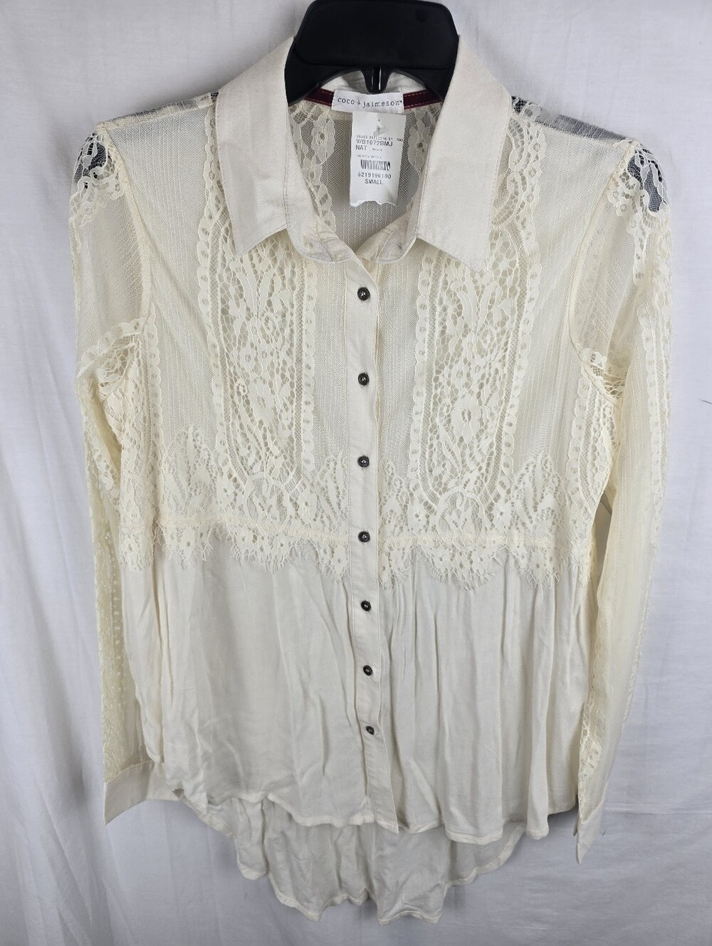 NWT Coco + Jaimeson Cream Lace Button-Down Long Sleeve Tunic Shirt Sz S
